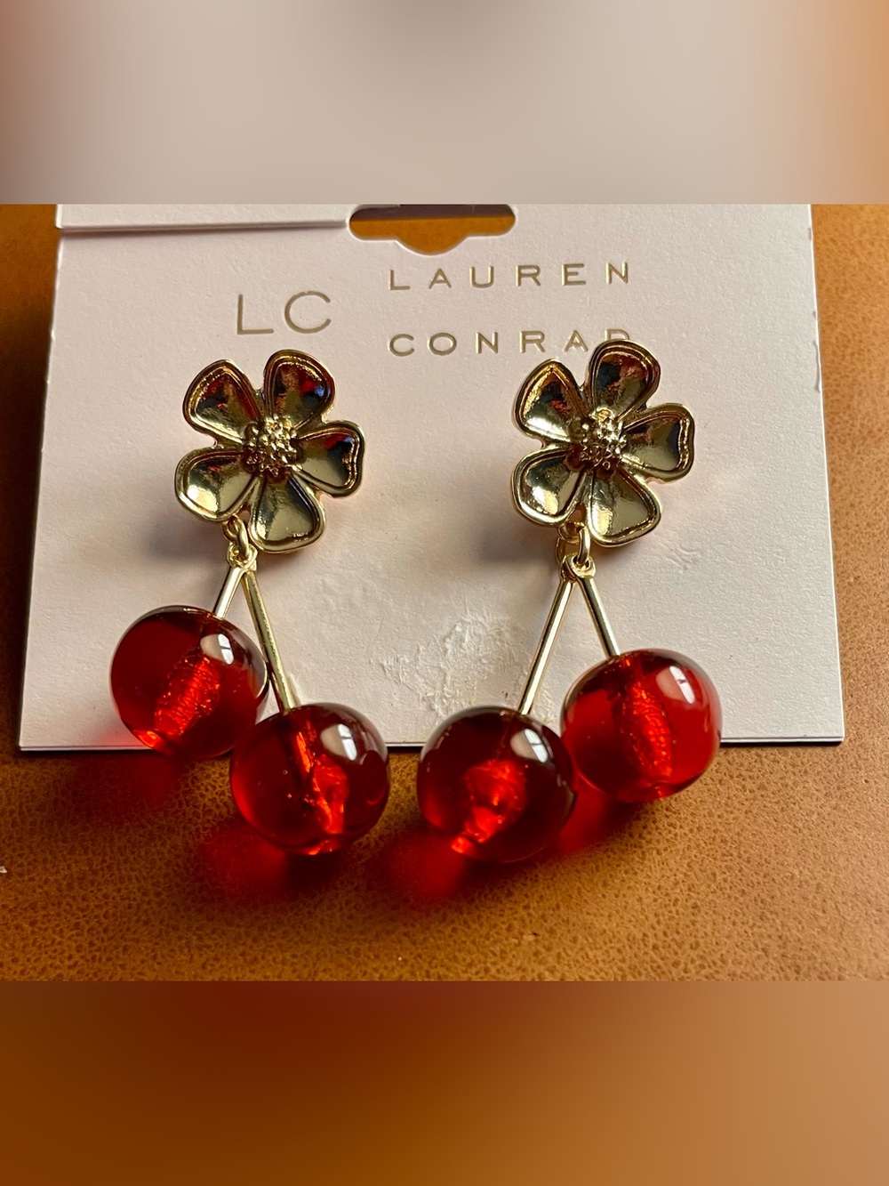 LC Lauren Conrad Gold-Tone Red Cherry Flower Drop Earrings Floral Cherry Drop